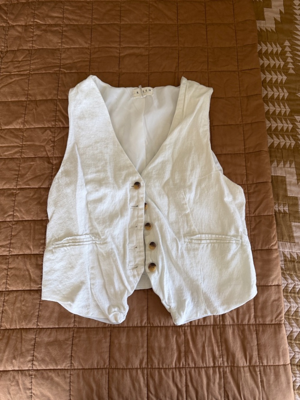 Risen White Linen Blend Button Vest